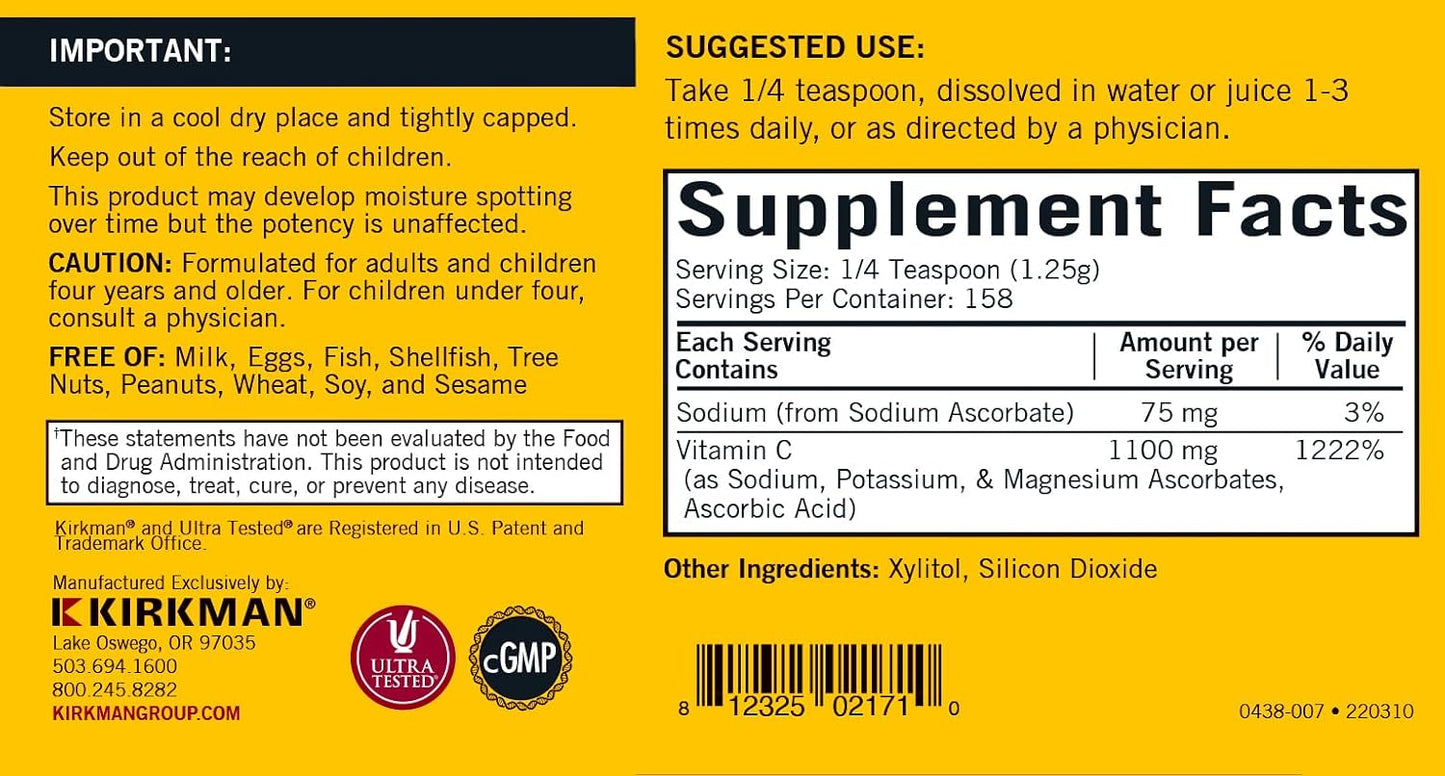 Kirkman Buffered Vitamin C Powder - Bio-Max Series - Unflavoured, Hypoallergenic, 198 g - görsel 2