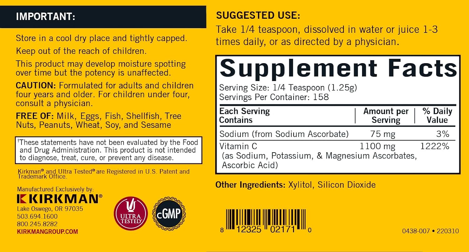 Kirkman Buffered Vitamin C Powder - Bio-Max Series - Unflavoured, Hypoallergenic, 198 g - görsel 2