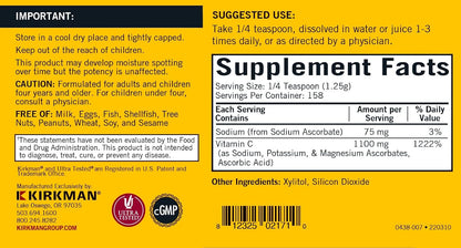 Kirkman Buffered Vitamin C Powder - Bio-Max Series - Unflavoured, Hypoallergenic, 198 g