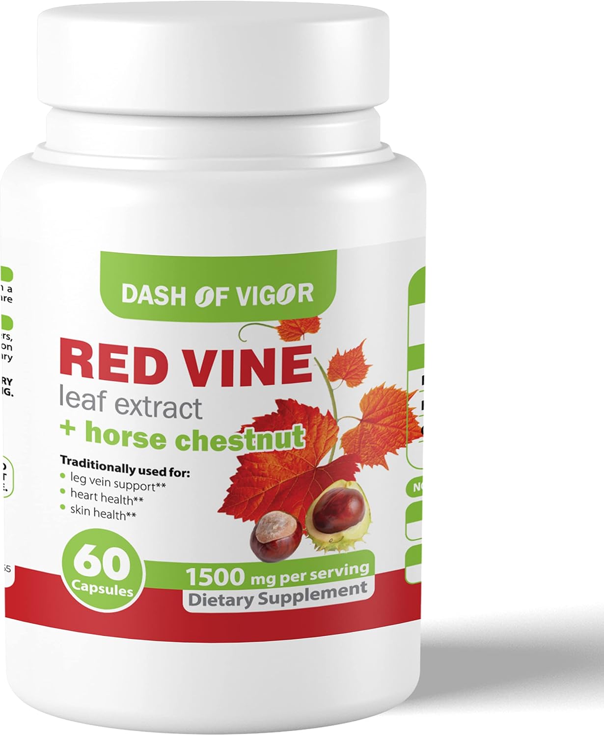 Dash of Vigour Red Vine Leaf Extract (Vitis vinifera) and Horse Chestnut Seed Extract, 1500 mg, 60 Capsules - görsel 1