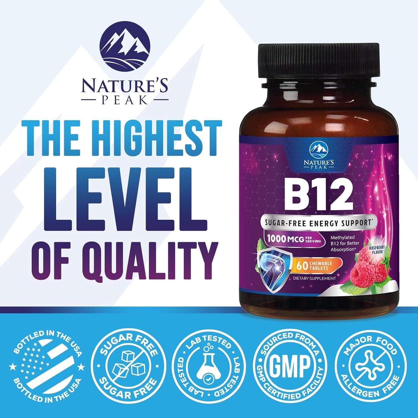 Nature's Peak Vitamin B12 Complex (Methylcobalamin) 1000 mcg - Chewable Tablets, Berry Flavour - 60 Count - görsel 4