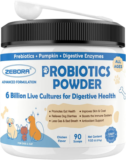 ZEBORA Probiotics for Dogs - Probiotic Powder with Pumpkin, Prebiotics & Enzymes, 6 Billion CFUs, Chicken Flavour (90 Scoops) – Image 1