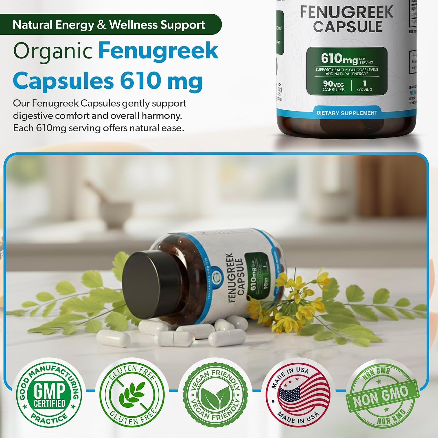 TRUEMED Organic Fenugreek Capsules 610 mg – Digestive Comfort, Natural Energy & Wellbeing Support (90 Capsules) - görsel 5