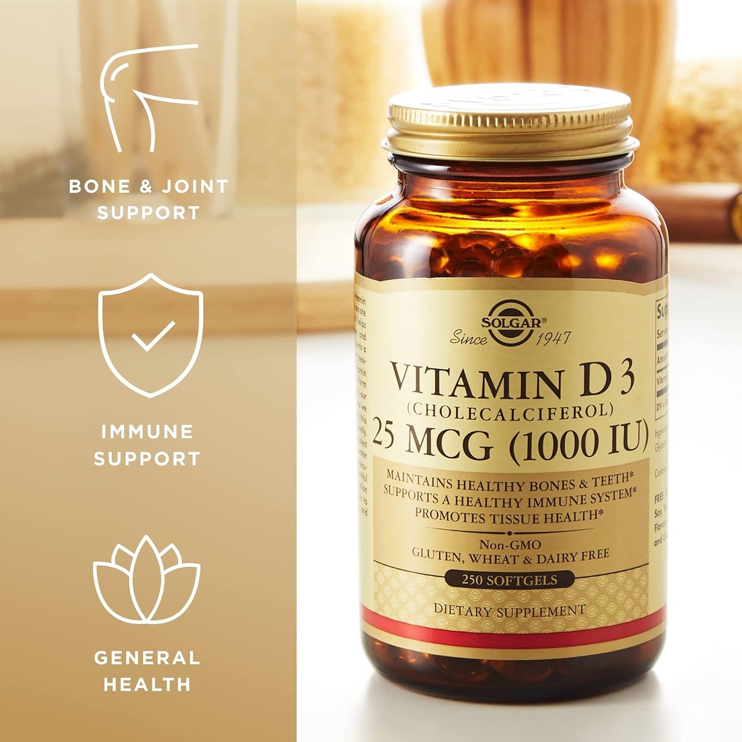 Solgar Vitamin D3 (Cholecalciferol) 1,000 IU Softgels, 250 Count - görsel 4