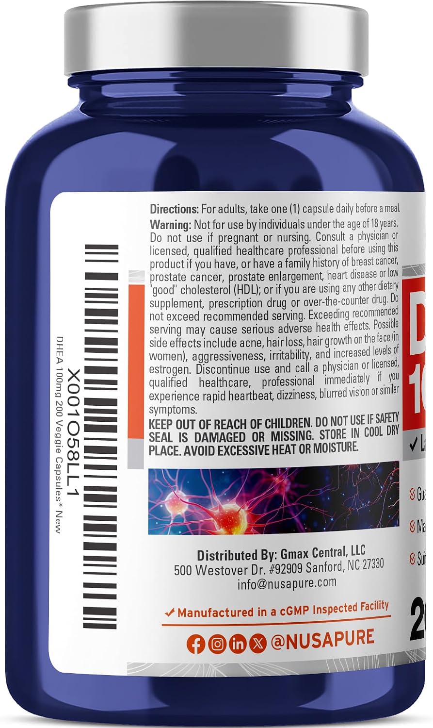 NusaPure DHEA 100mg 200 Vegie Capsules (Vegetarian, Non-GM) - görsel 3