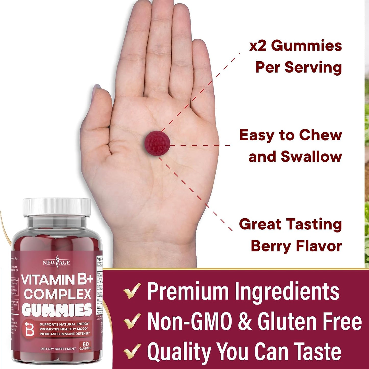 NEW AGE Vitamin B Complex Gummies with Vitamin B3, B6 & B12 – with Biotin, Folic Acid & Vitamin C – Gluten free, Vegan (180 Count (3-Pack)) - görsel 5