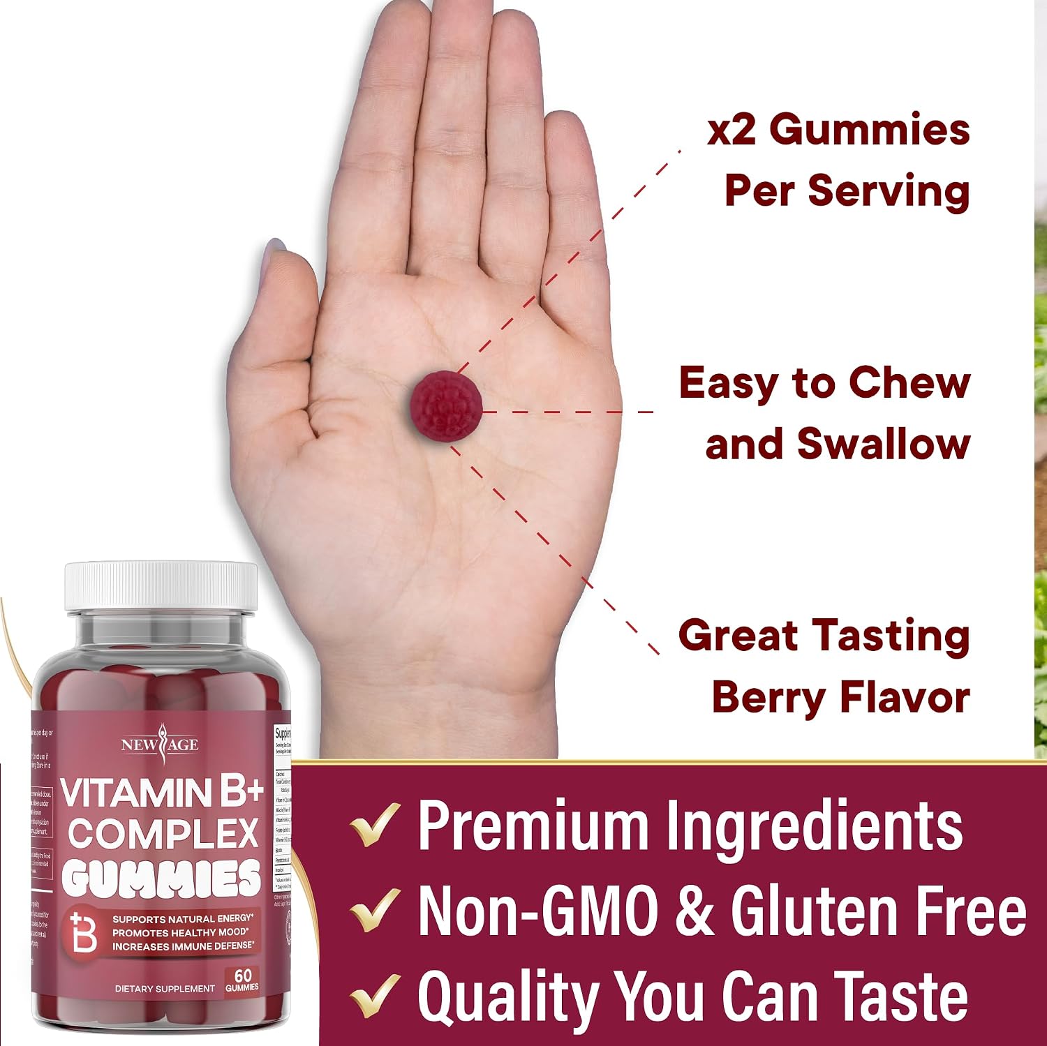 NEW AGE Vitamin B Complex Gummies with Vitamin B3, B6 & B12 – with Biotin, Folic Acid & Vitamin C – Gluten free, Vegan (180 Count (3-Pack)) - görsel 5