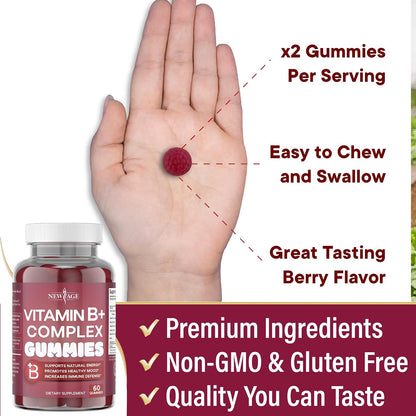 NEW AGE Vitamin B Complex Gummies with Vitamin B3, B6 & B12 – with Biotin, Folic Acid & Vitamin C – Gluten free, Vegan (180 Count (3-Pack))