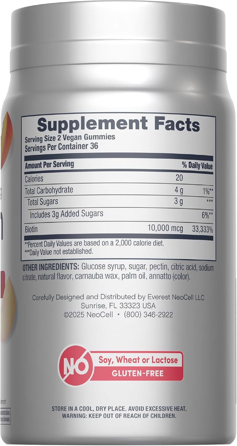 NeoCell Biotin 10,000mcg Gummies - 72 Count - Peach Flavour - Hair, Skin & Nails Supplement – Image 2