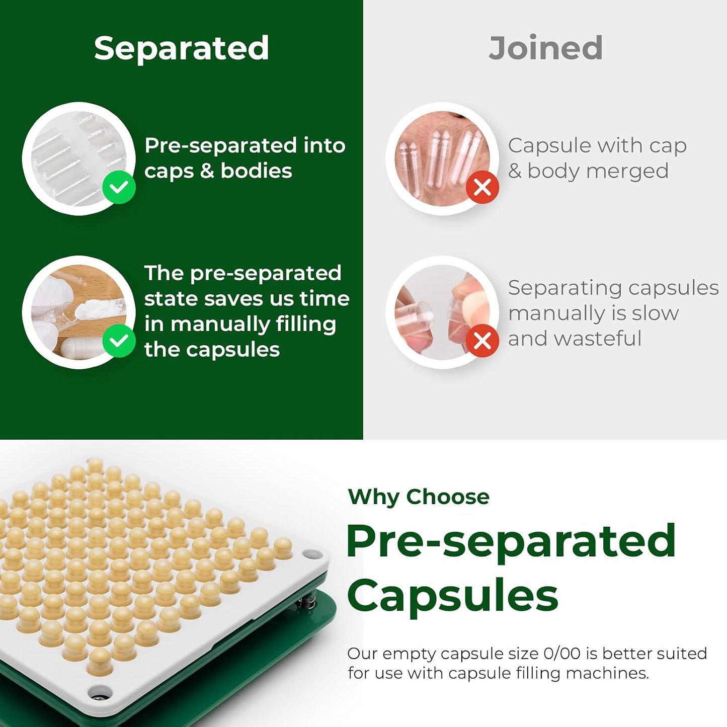 Vegan Size 0 Separated Capsules Empty Pill Caps Plant Based Clear (1,000 Caps + 1,000 Bodies) - görsel 4