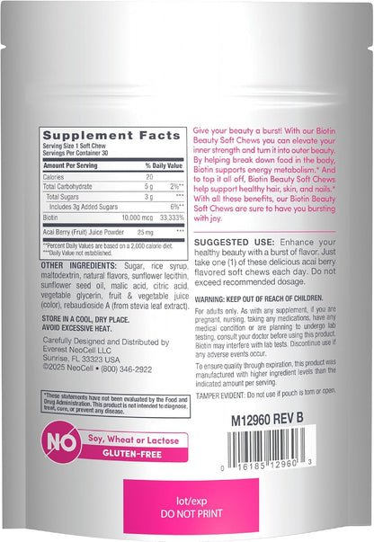 NeoCell Biotin Beauty Soft Chews | 30 Chewables | 10000mcg | Hair, Skin & Nails | Acai Berry Flavour