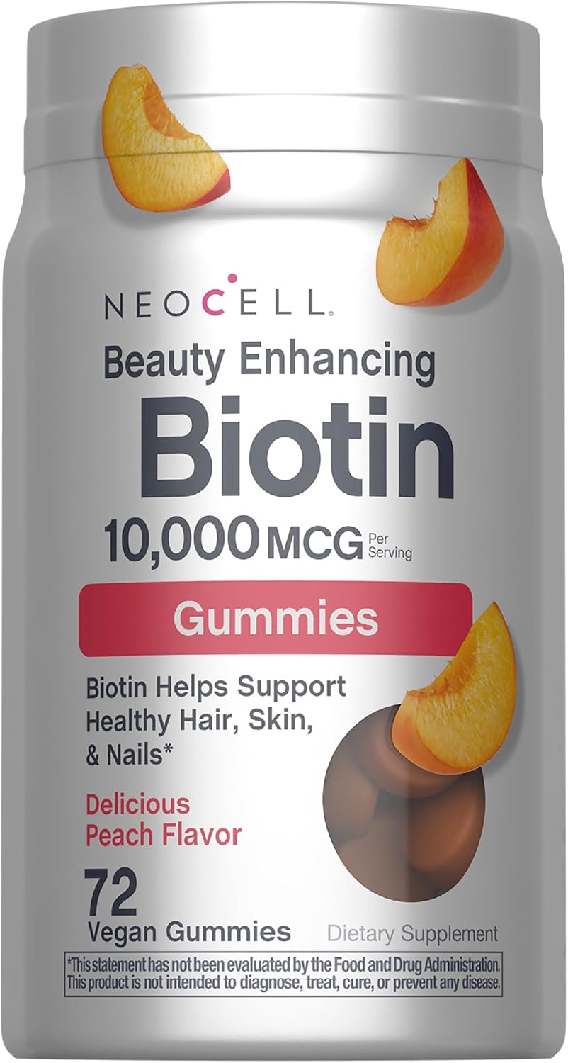 NeoCell Biotin 10,000mcg Gummies - 72 Count - Peach Flavour - Hair, Skin & Nails Supplement – Image 1