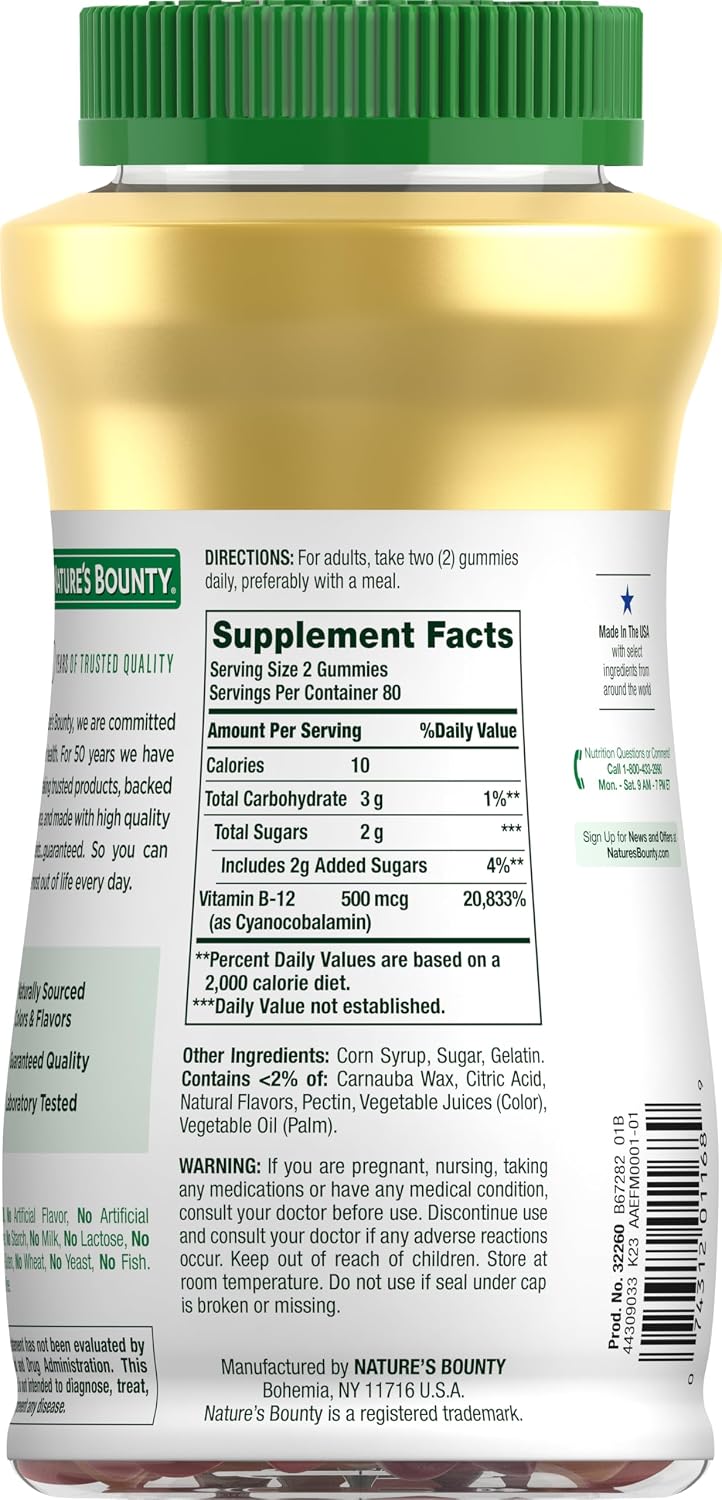 Nature's Bounty Vitamin B12 Gummies, Dietary – Dosage : 500 mcg per serving is a solid daily maintenance dose, – Image 7