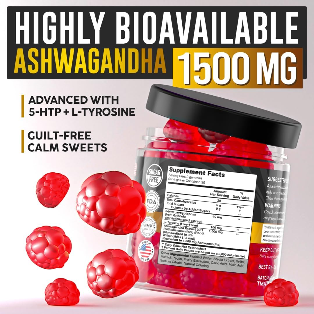 Ashwagandha Gummies for Women & Men - Sugar free Natural Root Extract 1500mg with 5-HTP & L-Tyrosine, 60 Gummies - görsel 2