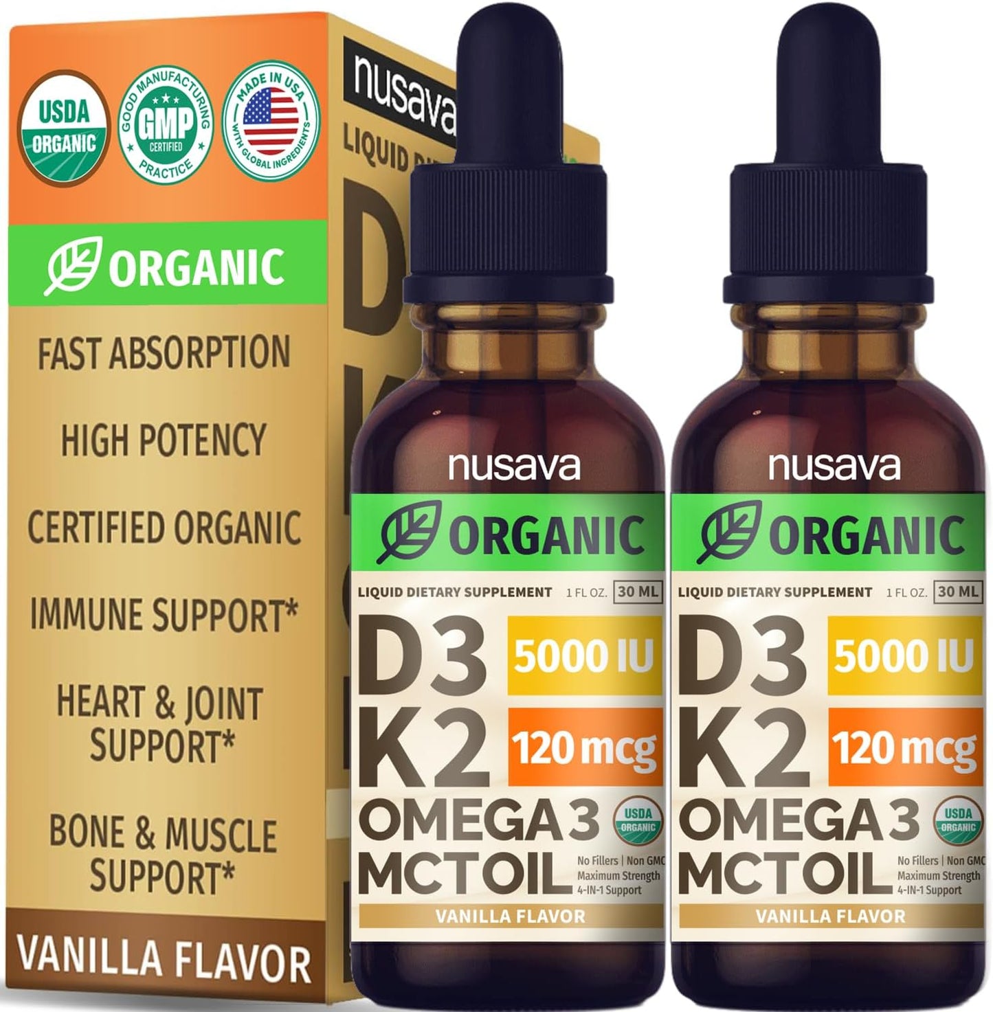 (2 Pack) Organic Vitamin D3 K2 Drops with MCT Oil & Omega 3 - Liquid Vitamin D3 5000 IU - K2 D3 Vitamin Supplement - Vitamin D Drops for Women & Men - No Fillers, Non-GM, GMP, Vanilla (2 Fl Oz) - görsel 1