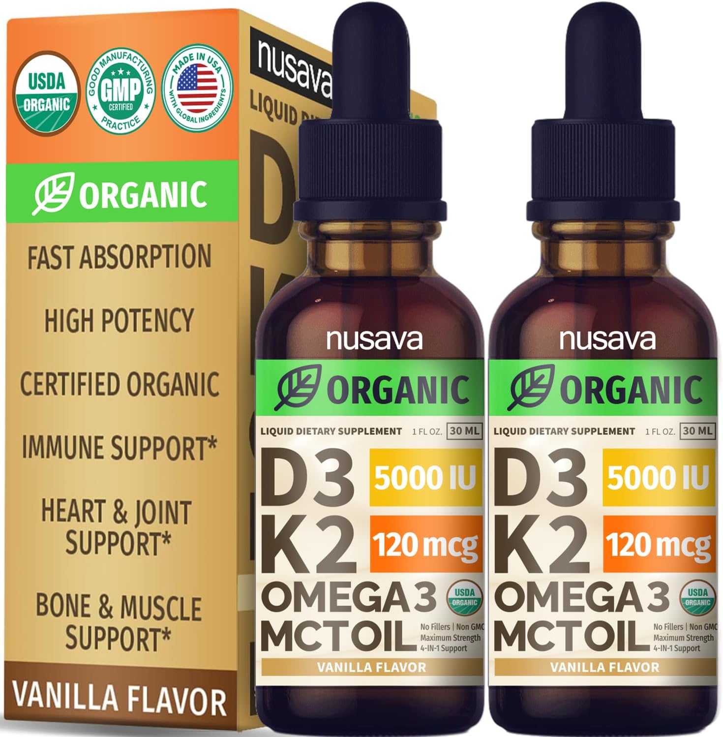 (2 Pack) Organic Vitamin D3 K2 Drops with MCT Oil & Omega 3 - Liquid Vitamin D3 5000 IU - K2 D3 Vitamin Supplement - Vitamin D Drops for Women & Men - No Fillers, Non-GM, GMP, Vanilla (2 Fl Oz) - görsel 1