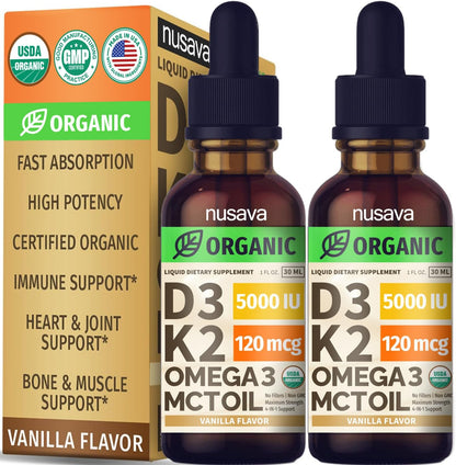 (2 Pack) Organic Vitamin D3 K2 Drops with MCT Oil & Omega 3 - Liquid Vitamin D3 5000 IU - K2 D3 Vitamin Supplement - Vitamin D Drops for Women & Men - No Fillers, Non-GM, GMP, Vanilla (2 Fl Oz)