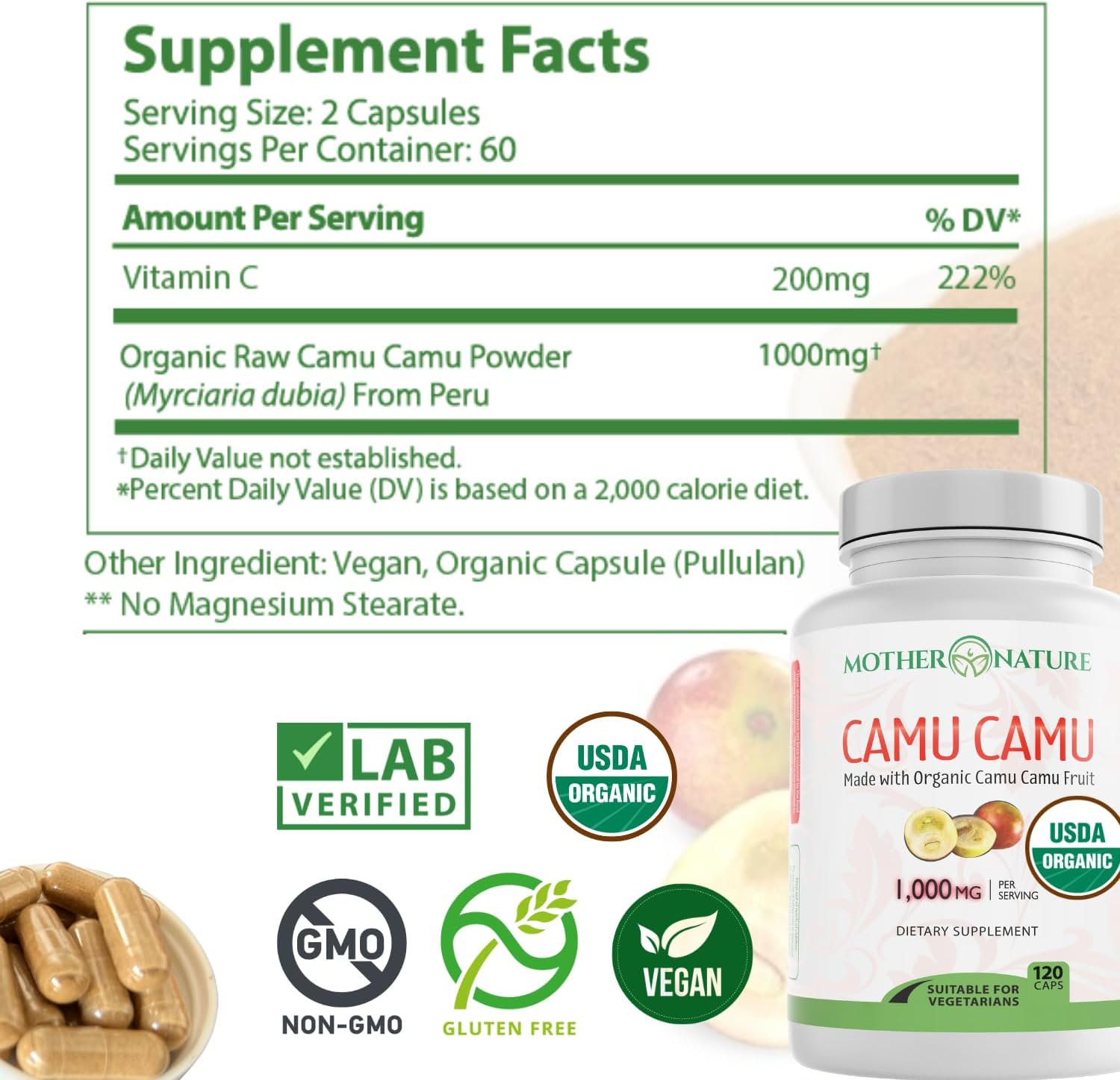MNO Organic Camu Camu Vitamin C 1000mg, Wholefood Immune Support, 120ct - görsel 4
