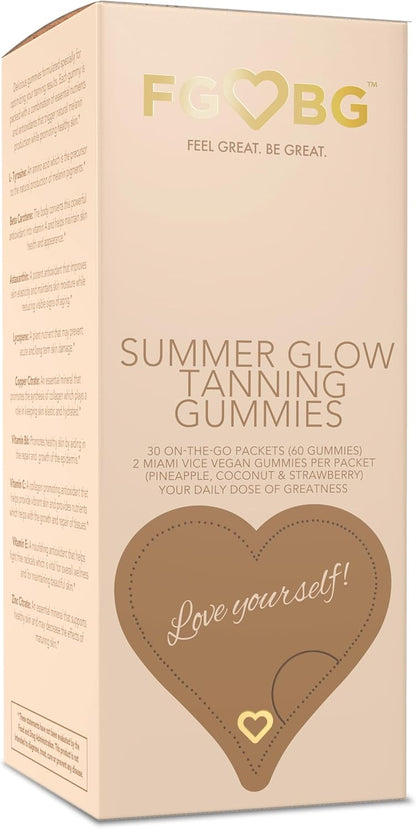 Summer Glow Tanning Gummies - Miami Vice Flavour - Pineapple, Coconut, & Strawberry - Vegan - Gluten free - Dairy-Free - Natural Ingredients - Essential Nutrients - Travel Size - 30-Day Supply
