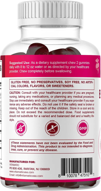 Vitamatic Beetroot Gummies with B6, B12, Grape Seed, Pomegranate & Nicotinamide - Vegan, Non-GM, 60 Count – Image 8
