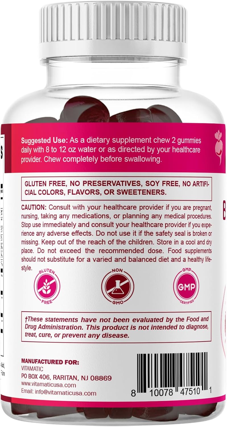Vitamatic Beet Root Gummies with B6, B12, Grape Seed, Pomegranate & Niacin – Plant-Based Extract – Vegan, Non-GM – 120 Count – Image 9