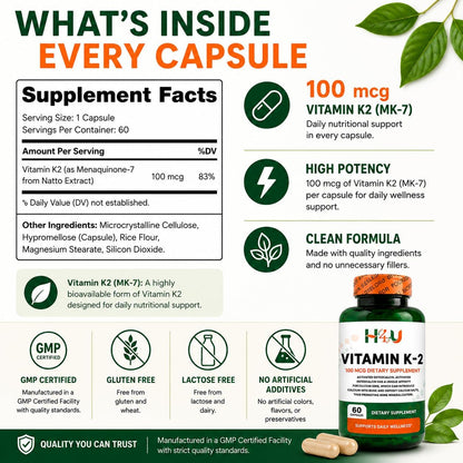 H4U Vitamin K2 MK-7 100 mcg – 60 Veg Capsules – Bone & Heart Health Support