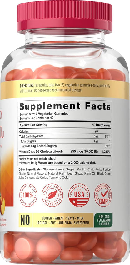 Carlyle Vitamin D3 10000 IU Gummies for Adults - 80 Count, Peach Flavoured, High Potency, Vegetarian, Non-GM, Gluten Free