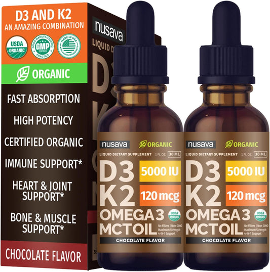 NUSAVA Organic Vitamin D3 K2 Drops with MCT – Bone Health: Vitamin D3 supports calcium absorption, while vitamin – Image 1