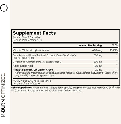 Codeage M-Burn Optimised Supplement - Decaffeinated Green Tea (50% EGCG), Berberine, Akkermansia Probiotic, Vitamin B12 - 60 – Image 2