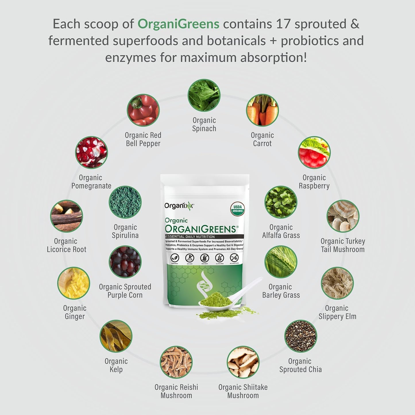 Organixx Greens Superfood Powder with Probiotic Digestive Enzymes - görsel 2