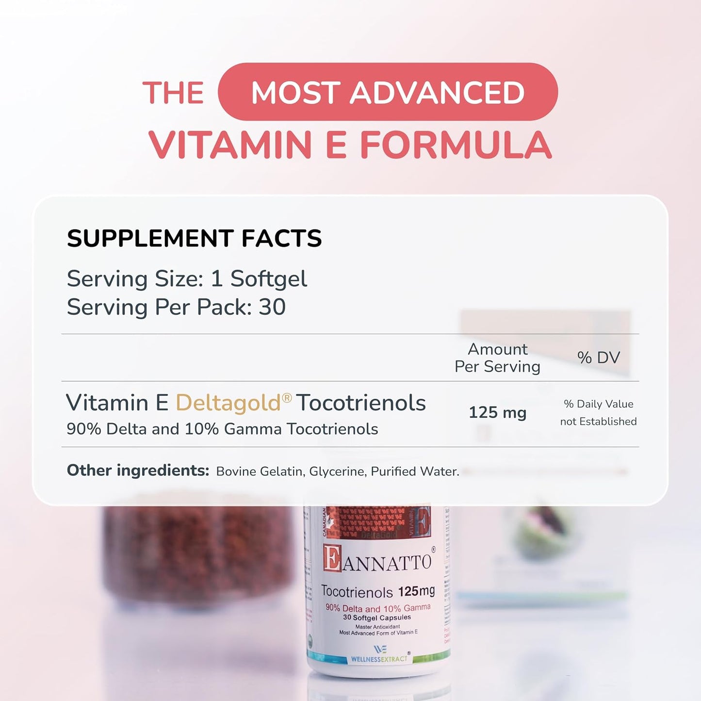 WELLBEING EXTRACT Eannatto Tocotrienols Vitamin E Supplement - Tocopherol Free, Non-GM, Gluten free, 125 mg, 30 Softgels - görsel 3