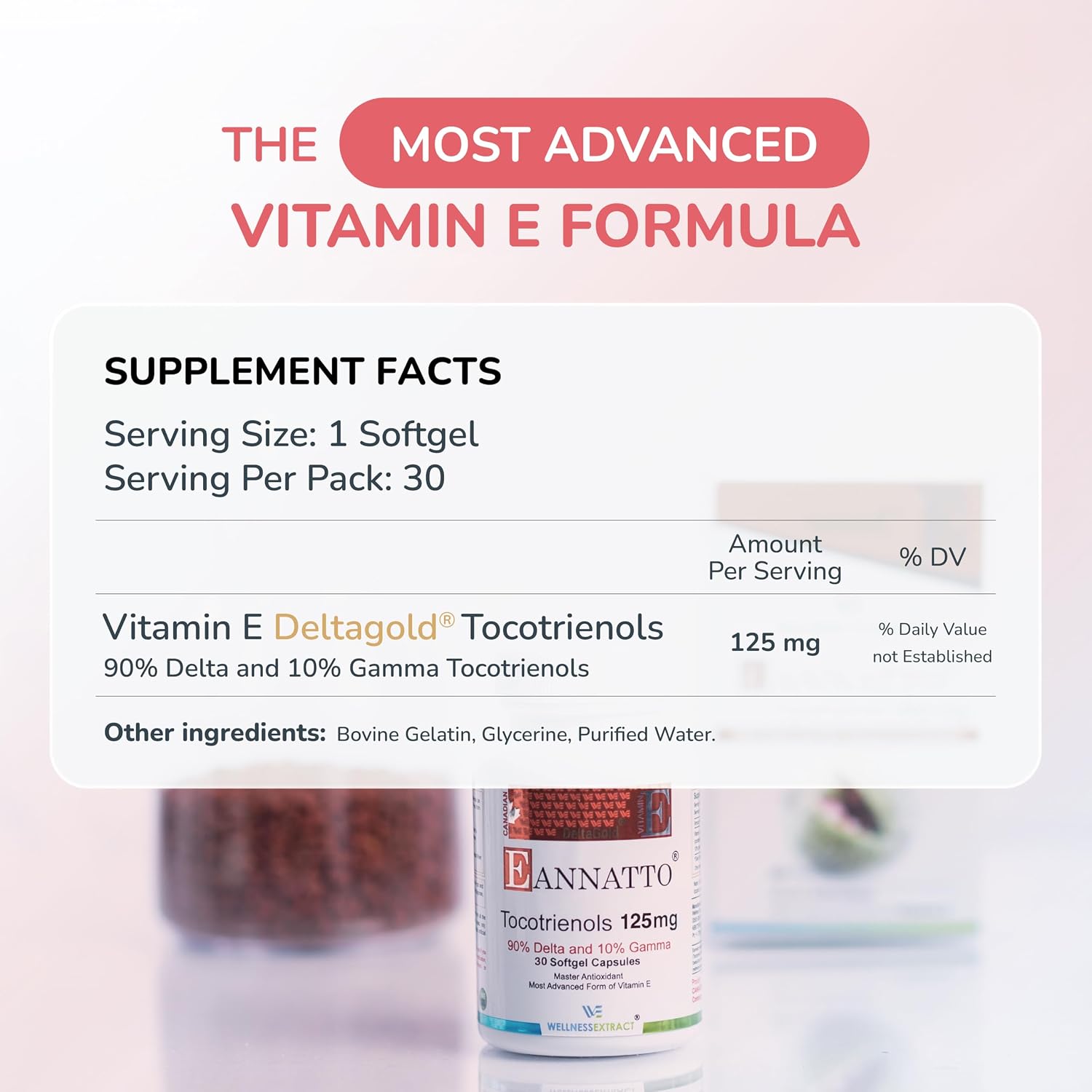 WELLBEING EXTRACT Eannatto Tocotrienols Vitamin E Supplement - Tocopherol Free, Non-GM, Gluten free, 125 mg, 30 Softgels - görsel 3