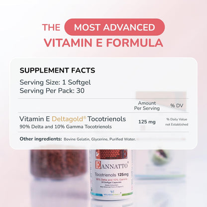 WELLBEING EXTRACT Eannatto Tocotrienols Vitamin E Supplement - Tocopherol Free, Non-GM, Gluten free, 125 mg, 30 Softgels