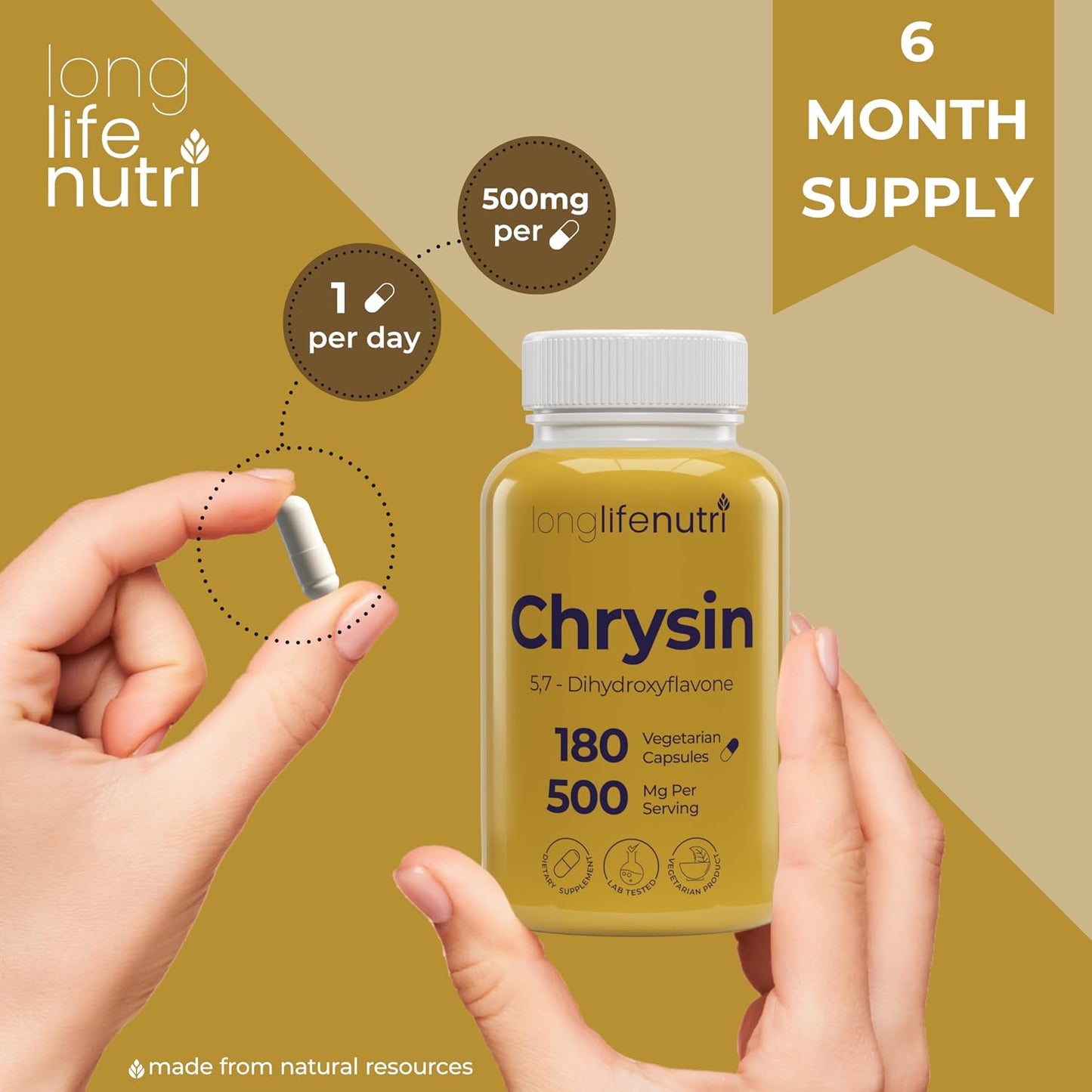 LongLifeNutri Chrysin 500mg – 180 Vegetarian Capsules - görsel 5