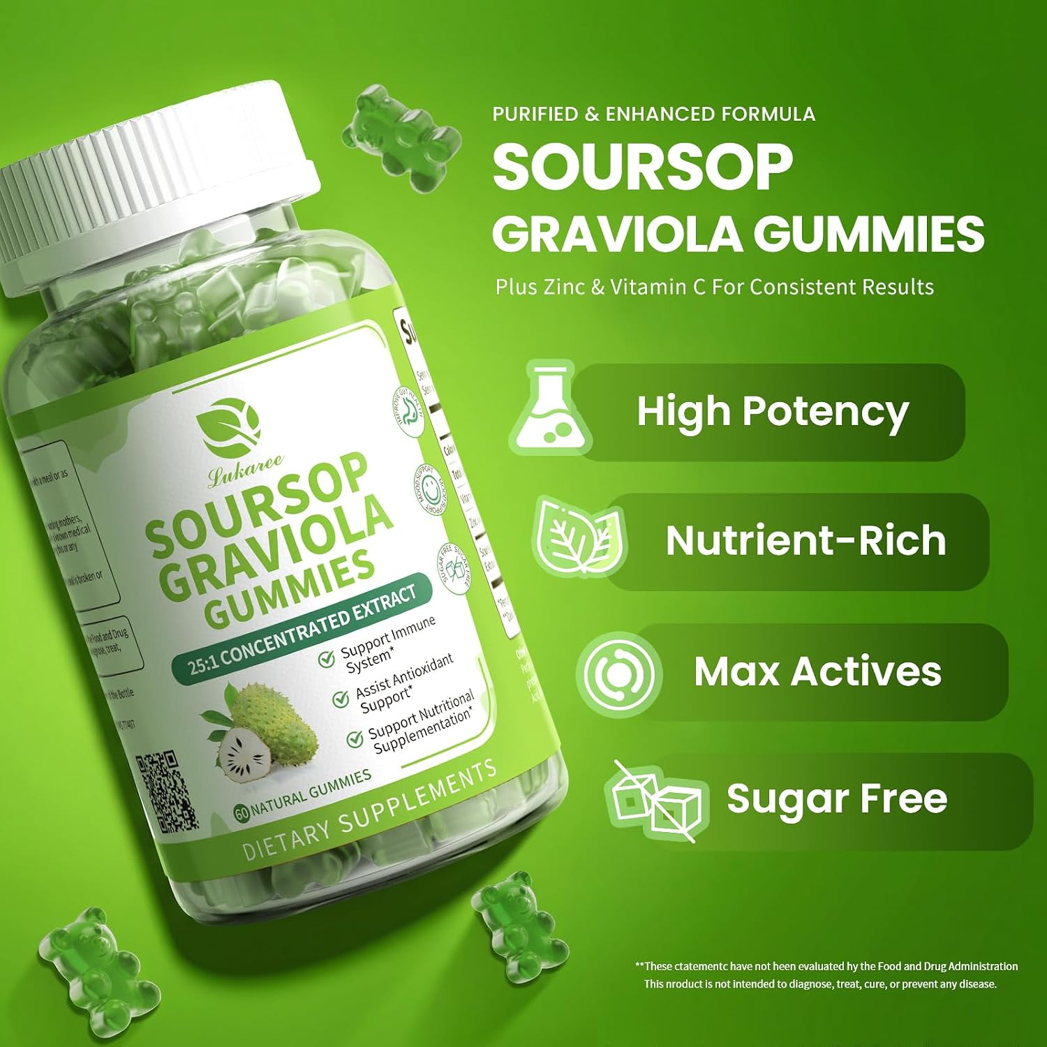 (2 Pack) Soursop Graviola Gummies - Concentrated Soursop Leaves Extract with Vitamin C and Zinc for Immune and Antioxidant Support, Sugar Free, Gluten free, Vegan, 60 Gummies - görsel 6