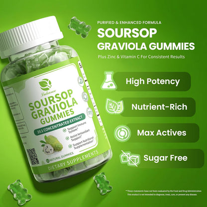 (2 Pack) Soursop Graviola Gummies - Concentrated Soursop Leaves Extract with Vitamin C and Zinc for Immune and Antioxidant Support, Sugar Free, Gluten free, Vegan, 60 Gummies