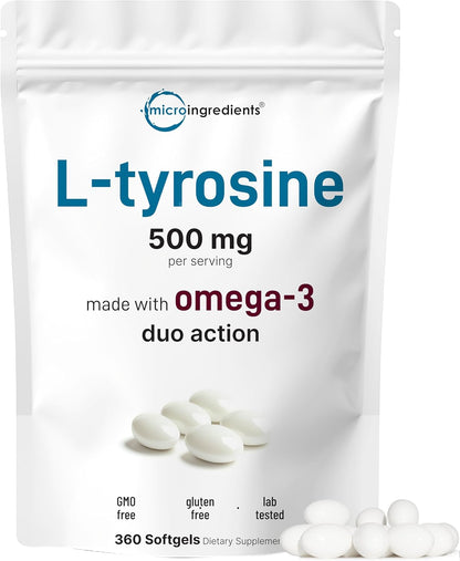 L-Tyrosine 500mg with Omega-3 from Flaxseed Oil, 360 Soft-gels - Brain, Mood & Cardiovascular Support – Image 1