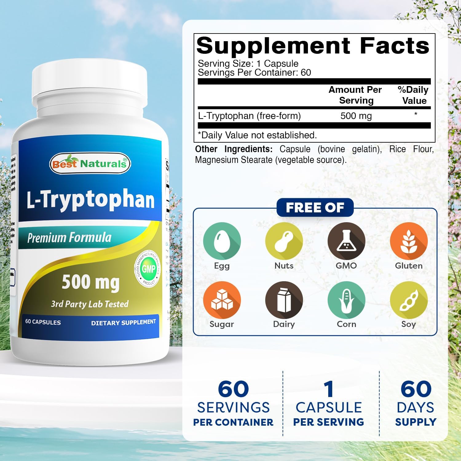 Best Naturals L-Tryptophan 500 mg - 60 Capsules (Pack of 3) - görsel 2