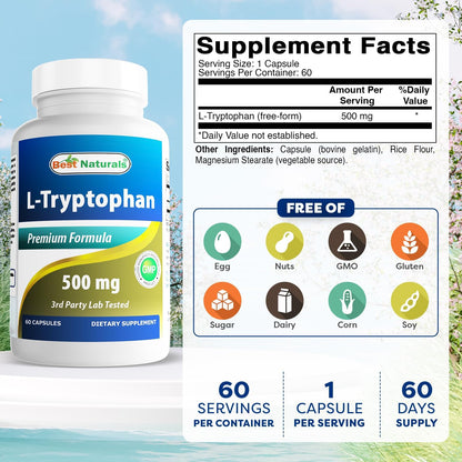 Best Naturals L-Tryptophan 500 mg - 60 Capsules (Pack of 3)