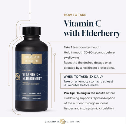 Quicksilver Scientific Liposomal Vitamin C + Elderberry - 1000mg with Superior Absorption Technology & Tocotrienols - Antioxidant & Immune Support Tonic (100ml)