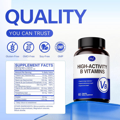 HUJ High-Activity B Vitamins - Supports Normal Energy Production & Nervous System Health - Supplement with 8 B Vitamins, Inositol and D-Chiro Inositol - 60 Capsules