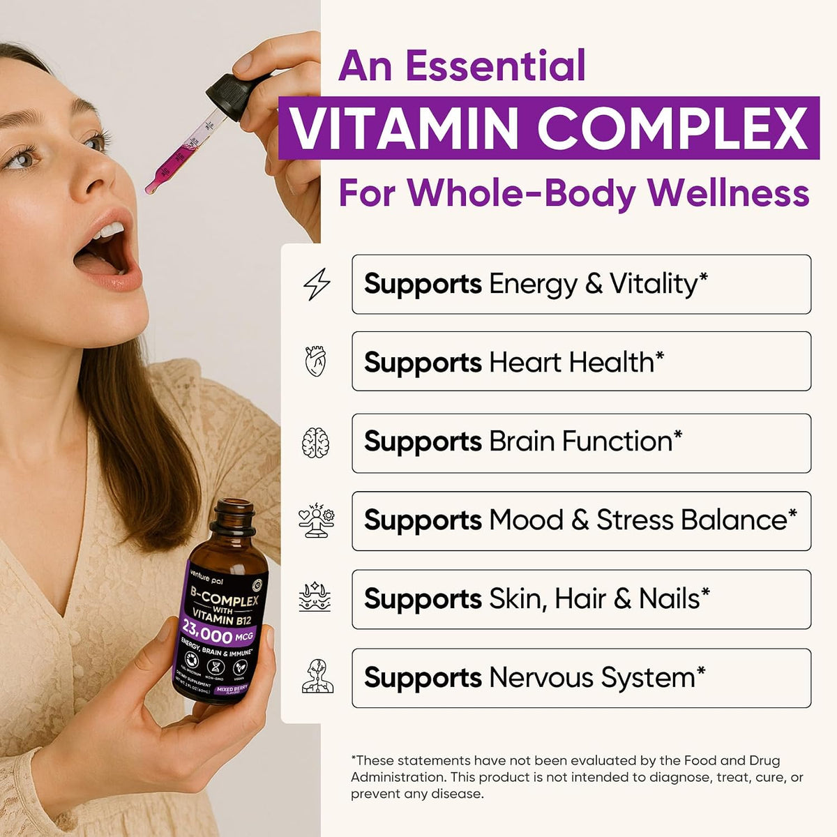 Venture Pal Vitamin B Complex Liquid Drops, – Vitamin B6 (Pyridoxine) – Involved in over 100 enzyme reactions, – Image 5