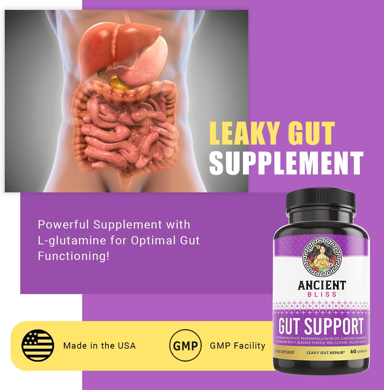 Ancient Bliss Leaky Gut Supplement – L-Glutamine Capsules with Blessed Thistle & Hydrangea Root – Vegan, Non-GM – 60 Capsules - görsel 2