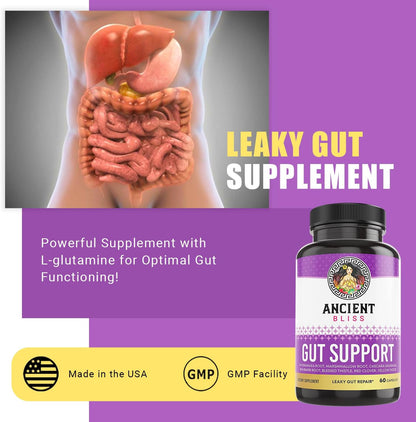Ancient Bliss Leaky Gut Supplement – L-Glutamine Capsules with Blessed Thistle & Hydrangea Root – Vegan, Non-GM – 60 Capsules