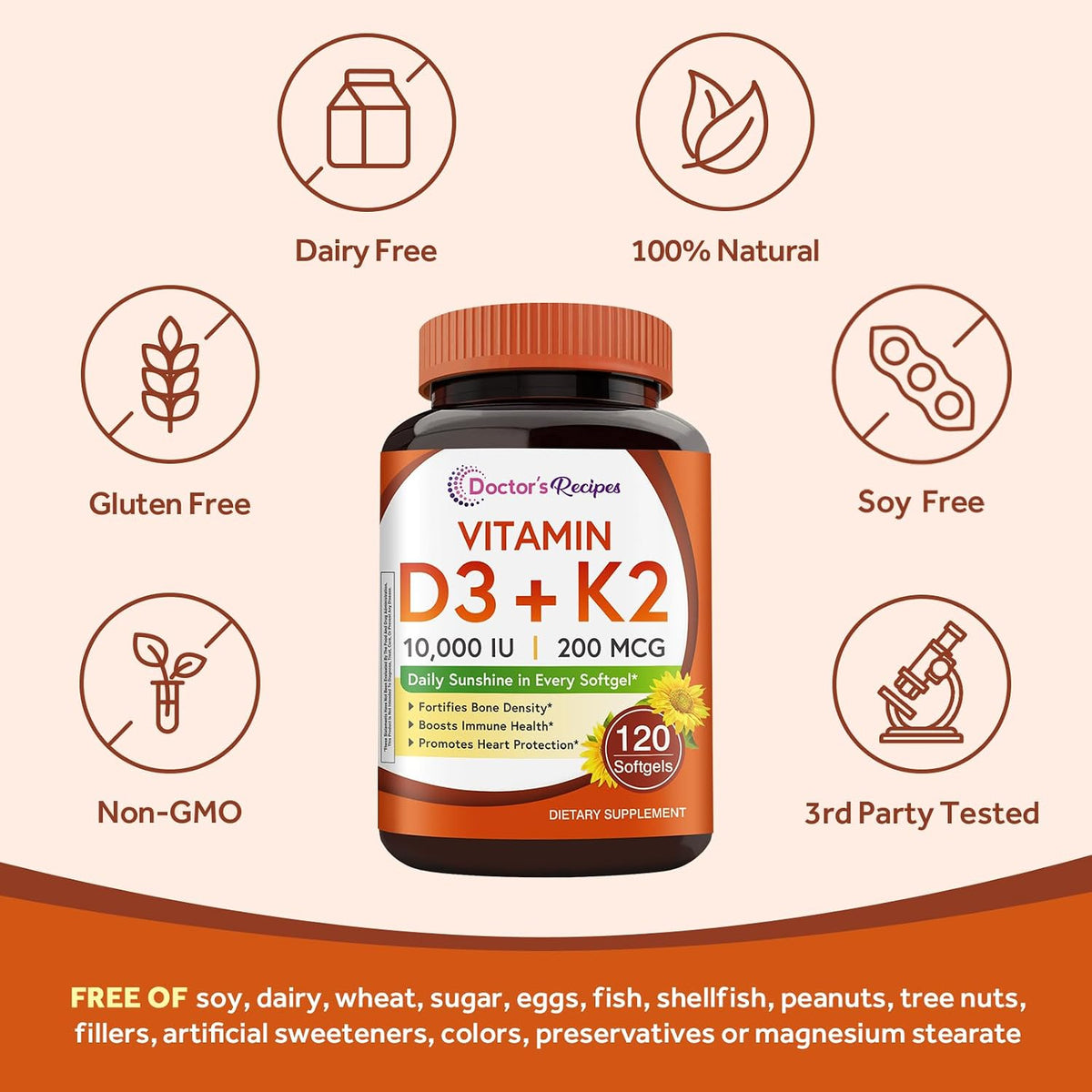 Doctor's Recipes Vitamin D3 K2, 10,000 IU, – Bone Density and Teeth Health: Vitamin D3 helps absorb calcium, while – Image 5