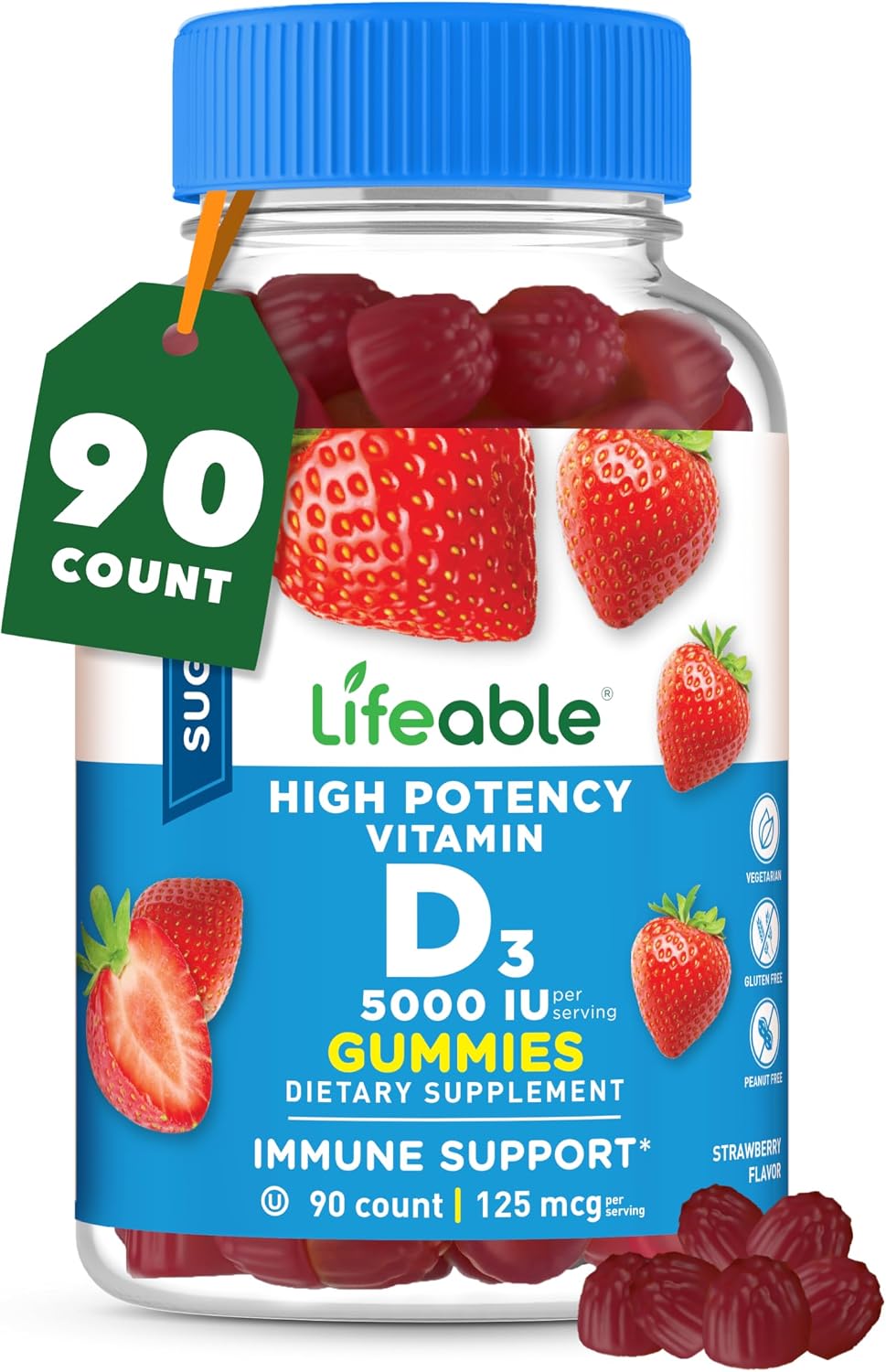 Lifeable Sugar Free Vitamin D 5000 IU - Strawberry Flavour Gummies for Immune and Bone Health - 90 Count - görsel 1