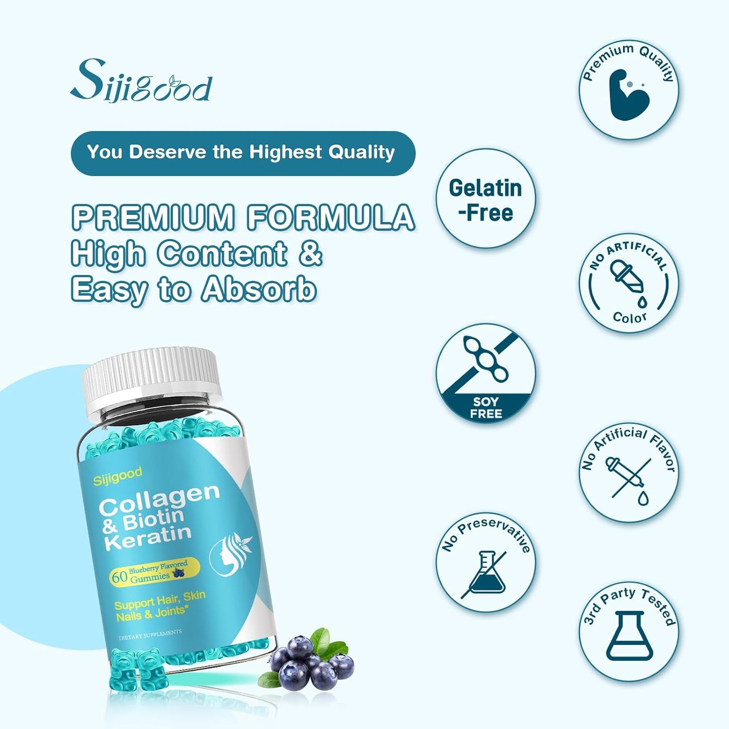 2 Pack Biotin Gummies with Collagen, Keratin, Hyaluronic Acid, Vitamin for Skin, Hair Growth, Nails, Women Men Adults Kids - Blueberry Flavoured, 120 Gummies - görsel 7