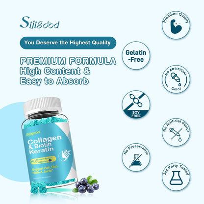 2 Pack Biotin Gummies with Collagen, Keratin, Hyaluronic Acid, Vitamin for Skin, Hair Growth, Nails, Women Men Adults Kids - Blueberry Flavoured, 120 Gummies