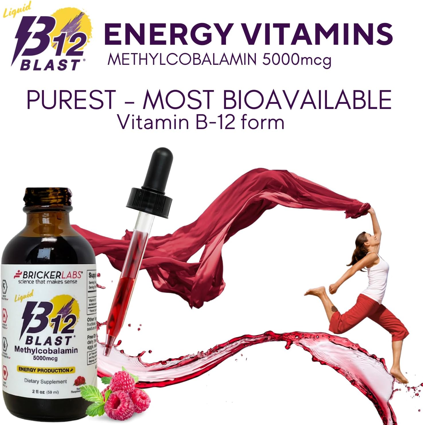 Bricker Labs B12 Blast Methylcobalamin 5000mcg Sublingual Liquid - Vegan B12 Energy Support - görsel 2