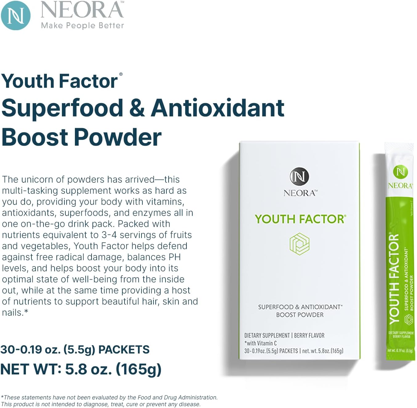 NEORA Youth Factor - Superfood Boost Powder - pH Balance, Hair Skin & Nails Support, Fruits & Veggies Equivalent, Nutrient Absorption - 30 Packets - görsel 3